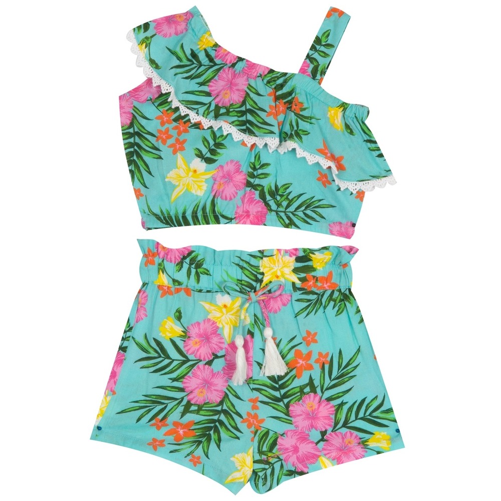 Rare Editions Baby‎ Girls Hibiscus Floral One Shoulder Top and Short Set  - 3-6M